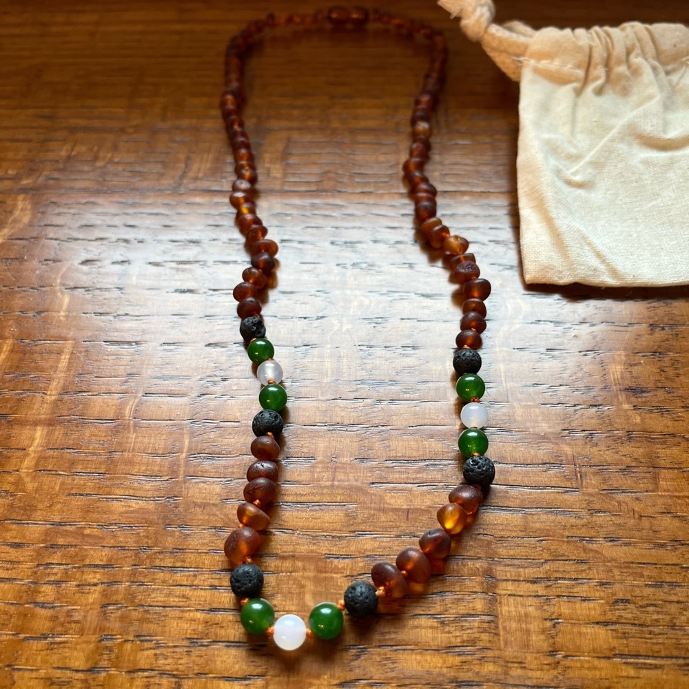 Canyon Leaf Baltic Amber Raw Cognac Amber Lava + Jade + Agate 21" Adult Necklace